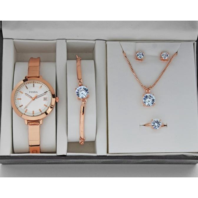 Jam tangan wanita fossil paket plus gelang cincing anting kalung