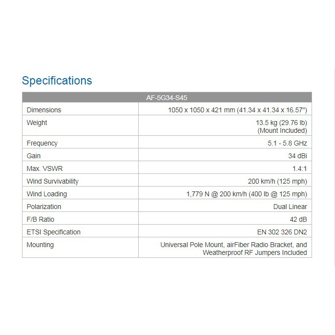 Ubiquiti AF-5G34-S45 airFiber 5GHz 34dBi Slant 45