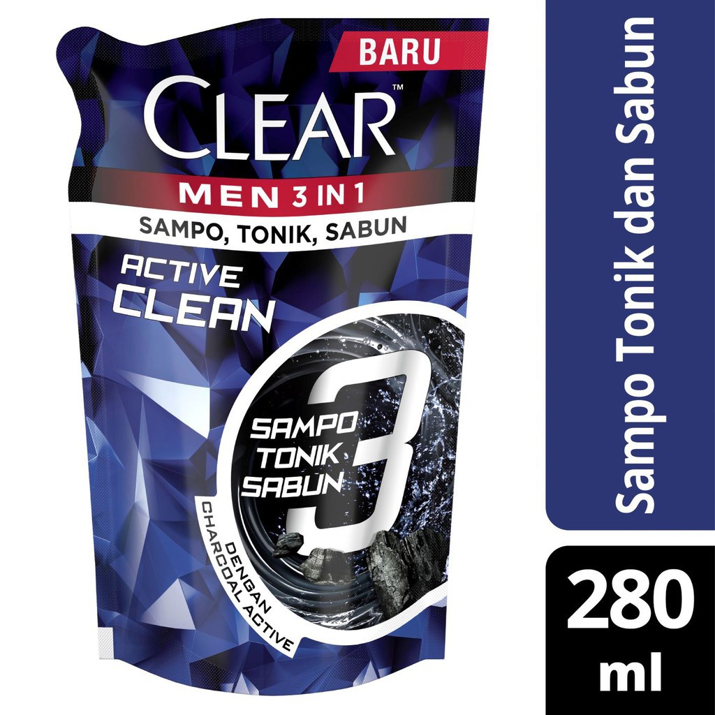 Clear 3 in 1 Shampoo & Sabun Active Clean Charcoal 280ml Pouch