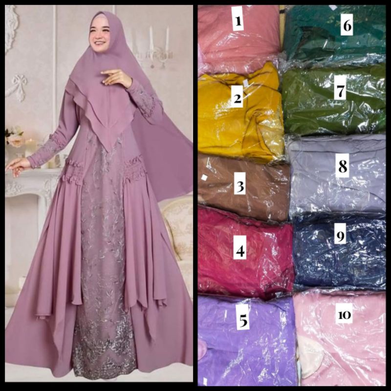 Gamis Syari Olif Full Ceruty Baby Doll Mix Renda Busui Pesta Elegan Kondangan Mewah Pengantin Terbar