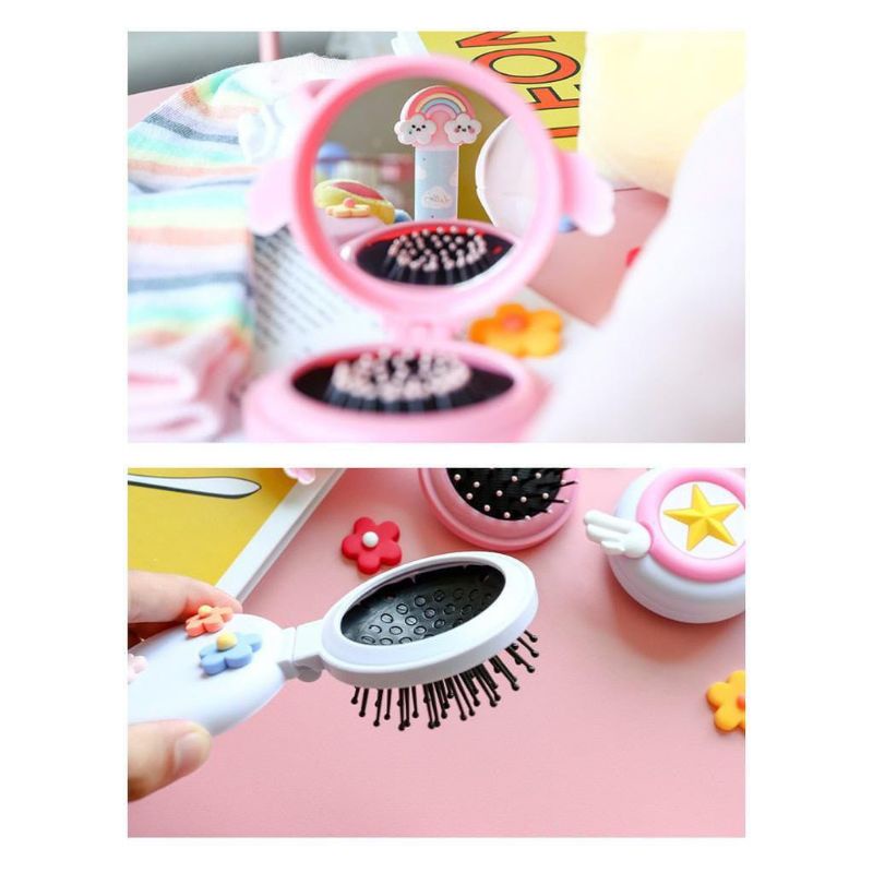 Sisir Lipat Bulat Dengan Cermin Ala Korea Sisir Compact 2in1 Motif