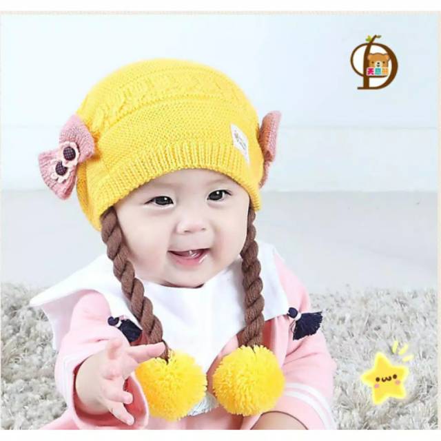 LKm027 TOPI RAJUT KEPANG DUA POMPOM / KUPLUK BAYI KEPANG-4