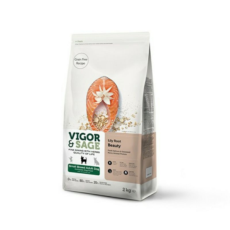 vigor & sage 2 kg dog small breed adult dog lily root beauty fresh salmon and seaweed