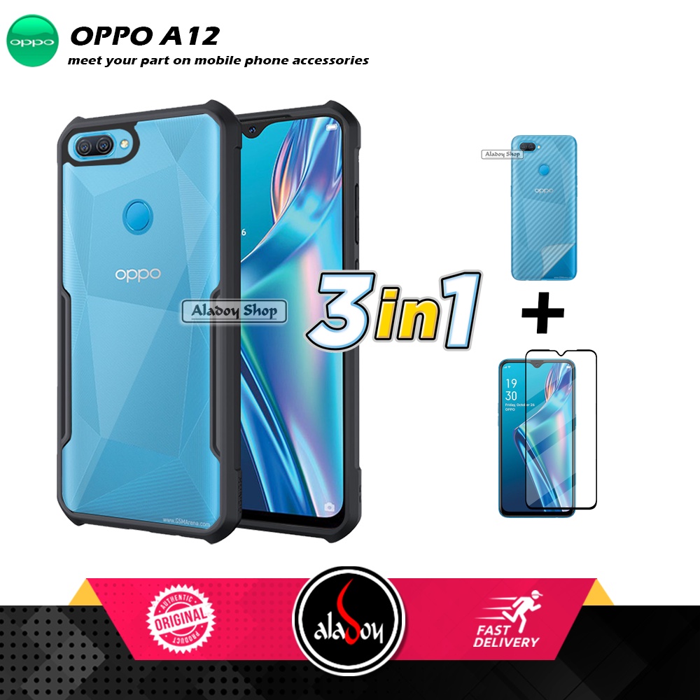 Case Oppo A12 Armor Fushion Transparent Casing + Tempered Glass Full Layar dan Skin Carbon