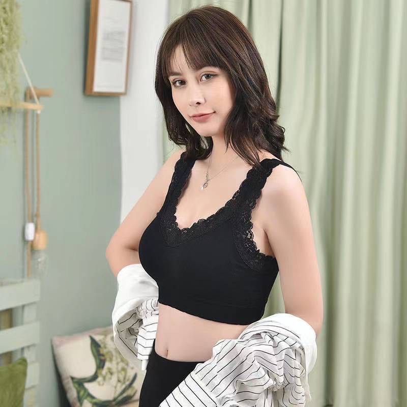 BRGUNIK Bra Wanita Sports Bra V-Neck Aksen Hem Lace Dengan Pad Busa Untuk Yoga / Tidur B052