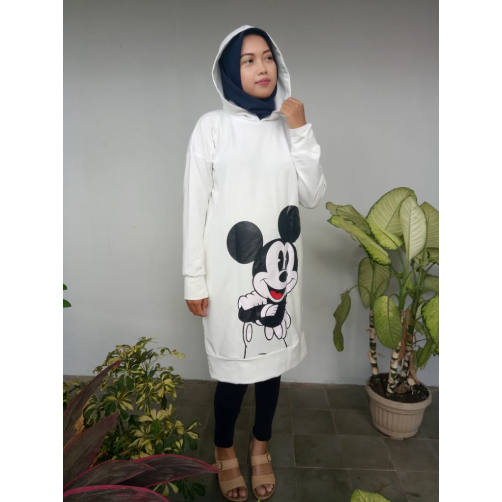 Baju Wanita Kaos Putih Panjang Hoodie Mickey Mouse