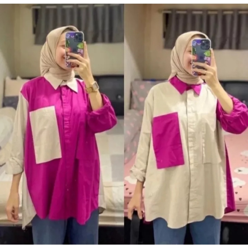 FRILA BLOUSE TWOTONE M-L-XL/kemeja basic/blouseterbaru/two-tone/atasan termurah/terlaris