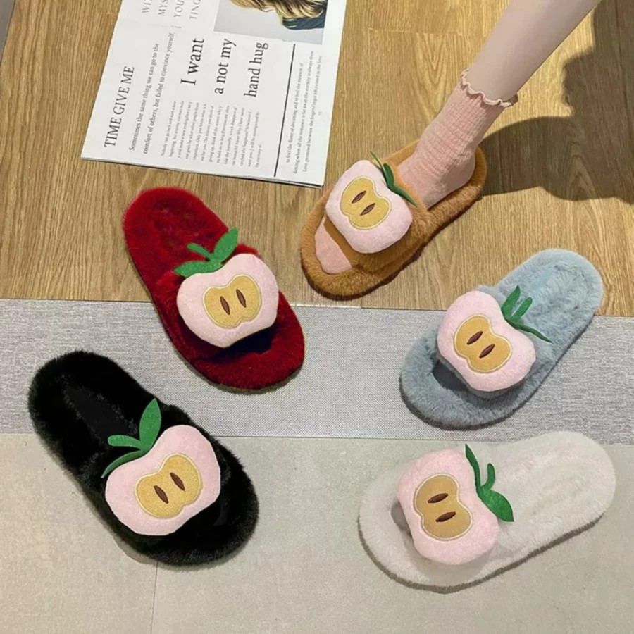 SANDAL RUMAH HOTEL WANITA RM 76 KARAKTER BULU RASFUR APEL FASHION NEW