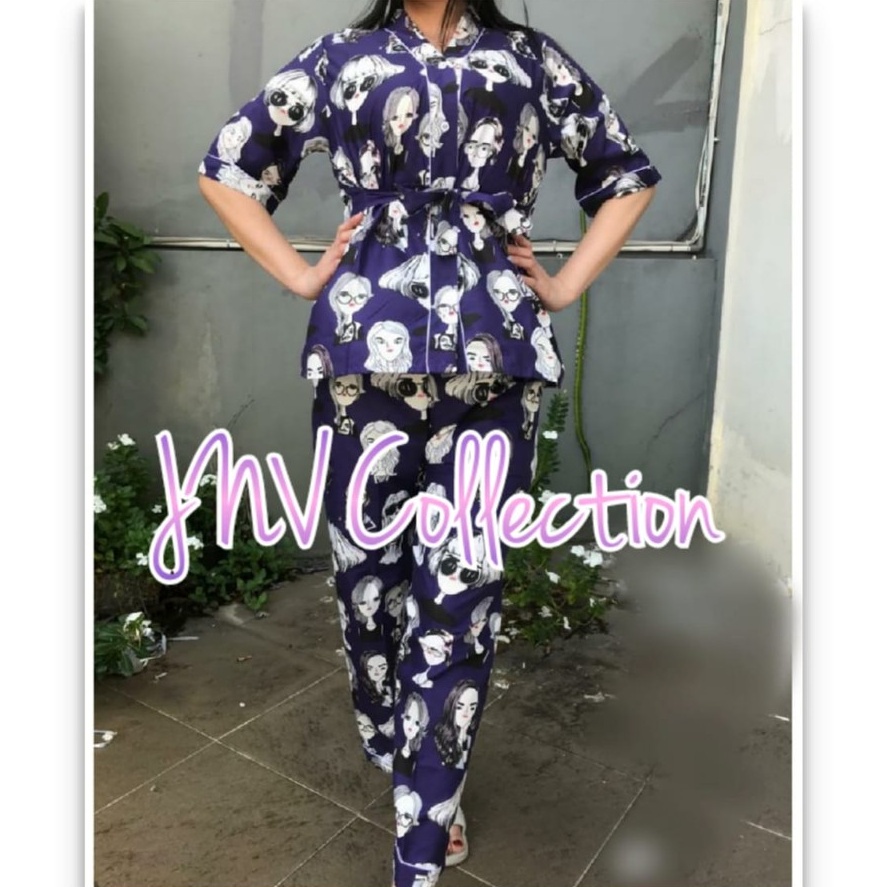 JNV Setelan Kimono CP Wanita Motif Karakter Kartun - Baju Tidur Kimono Lengan Pendek - Bahan Katun-Retro Navy