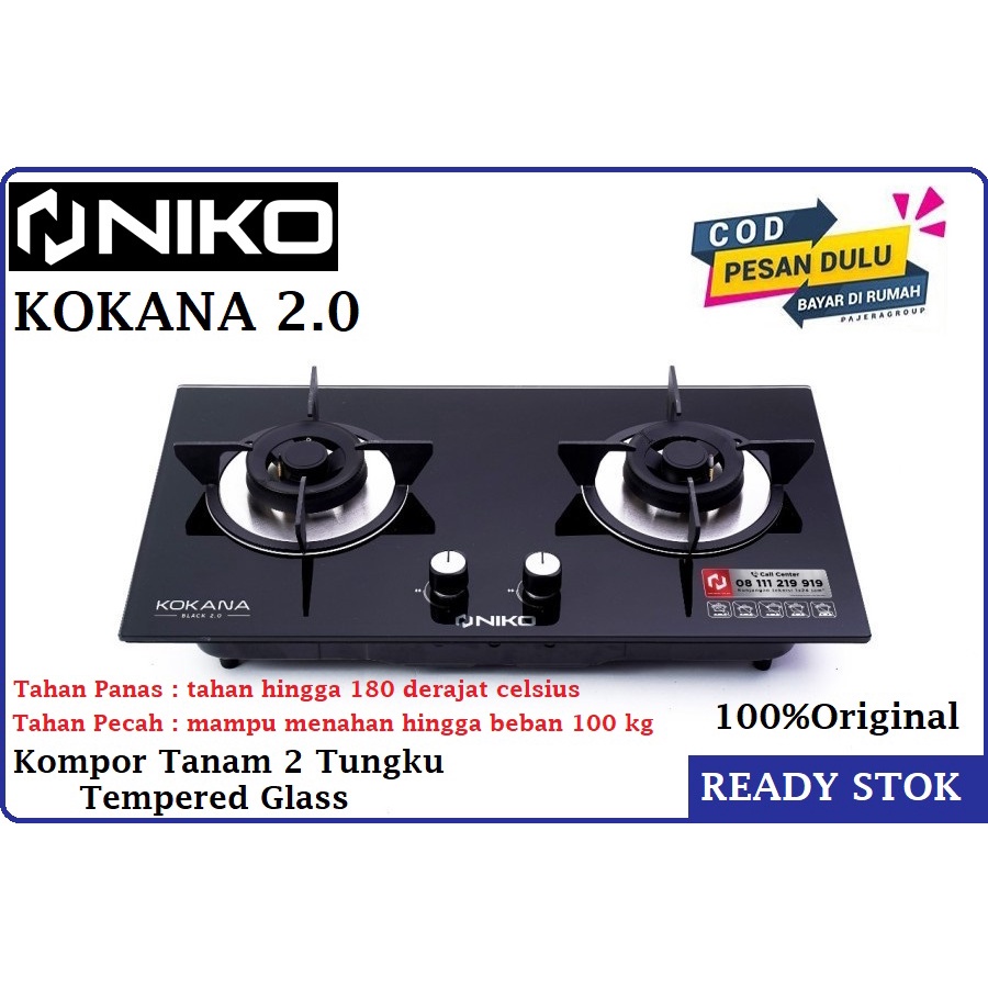 Kompor Gas NIKO KOKANA 2.0 BLACK SERIES Kompor Tanam 2 Tungku Pemantik ElectrikTempered Glass Origin