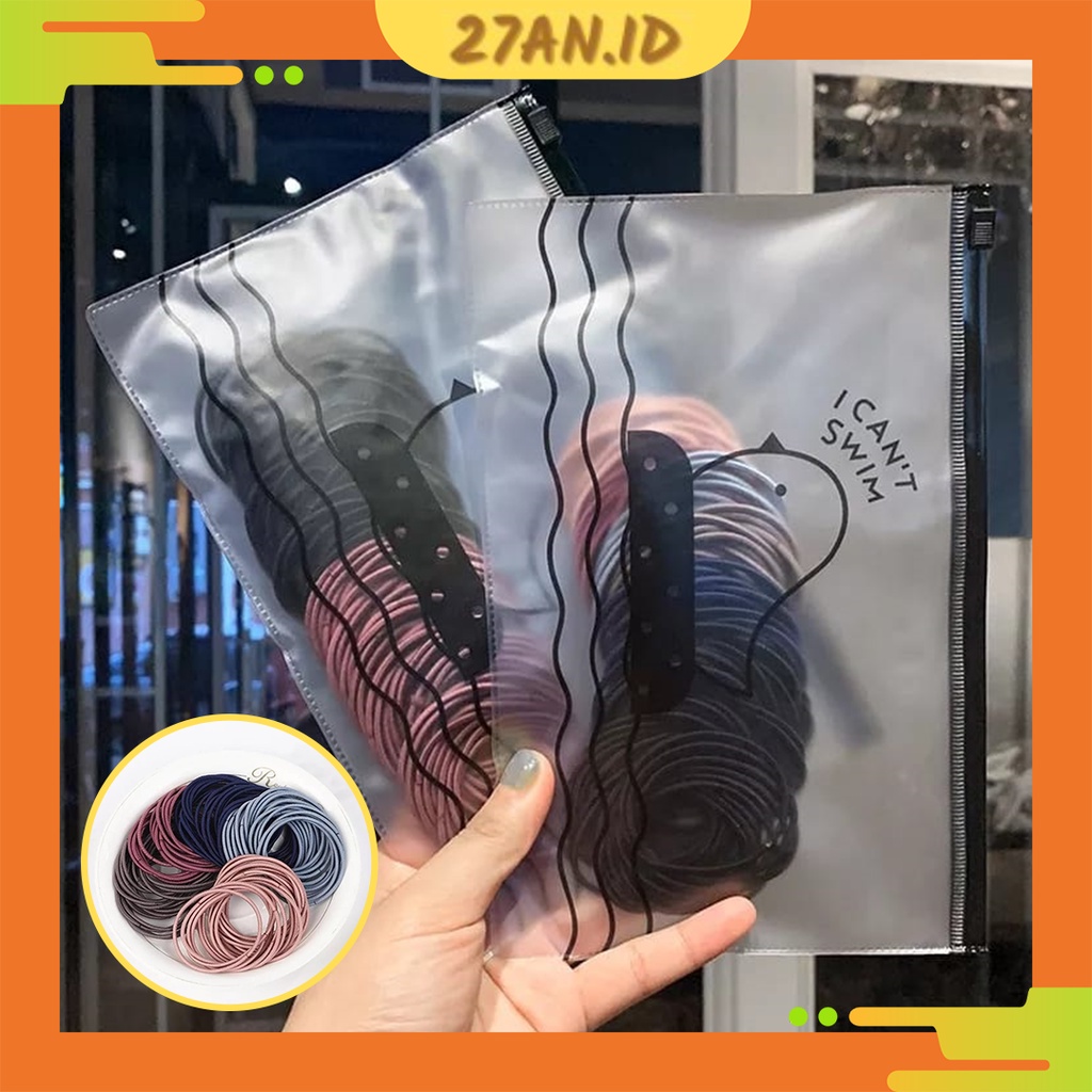 (27AN.ID) COD Ikat Karet Rambut H144 100pcs + pouch Warna Polos Gaya Korea / Ikat Rambut  Elastis Aksesoris Rambut Wanita