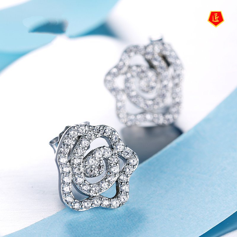 [Ready Stock]925 Silver Rose Diamond Stud Earrings Graceful Fashionable