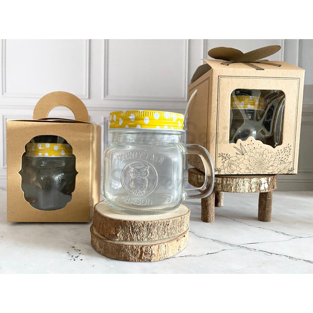 Souvenir Gelas Minum Drinking Jar Tutup Kaleng Toples Permen Mug Jar Motif Polkadot Cup Gagang Kaca