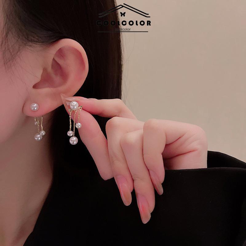 COD Anting Pearl Back Hanging Silver Needle Earrings Temperamen All-Match Anting Wanita Halus- cl