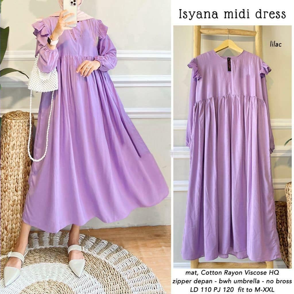 Isyana Midi Dress / Gamis Wanita Terbaru / Kekinian / Casual Dress Murah / Fashion Muslim