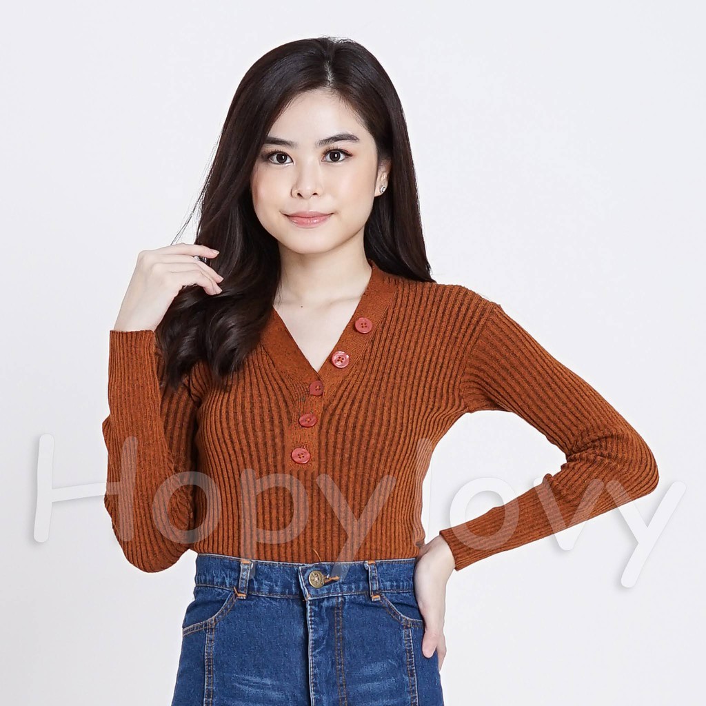 HOPYLOVY - Atasan Wanita Kerah V Rajut Yoana Knit Buttons