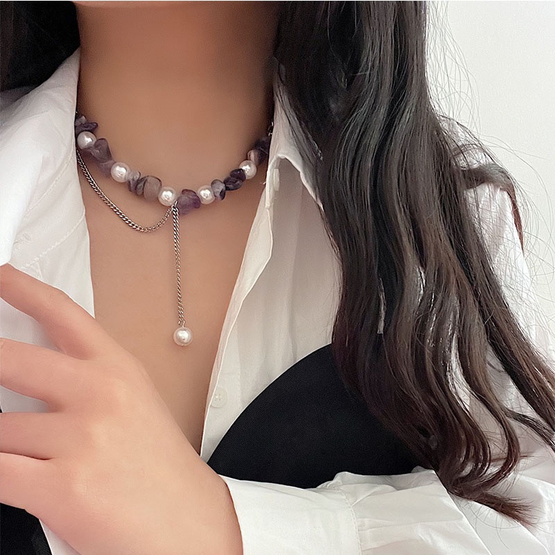 Irregular Purple Crystal Stone Necklace Accessories Titanium Steel Spliced Pearl Clavicle Chain Simple Personality