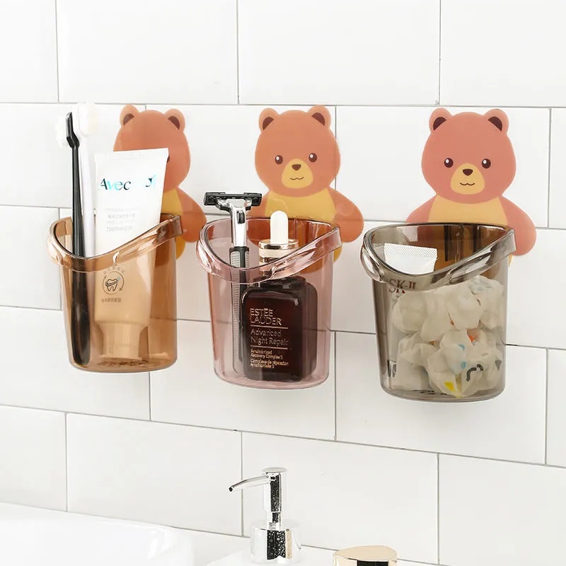 1pc Free Punch Wall Mounted Bear Toothbrush Storage Holder for Bathroom