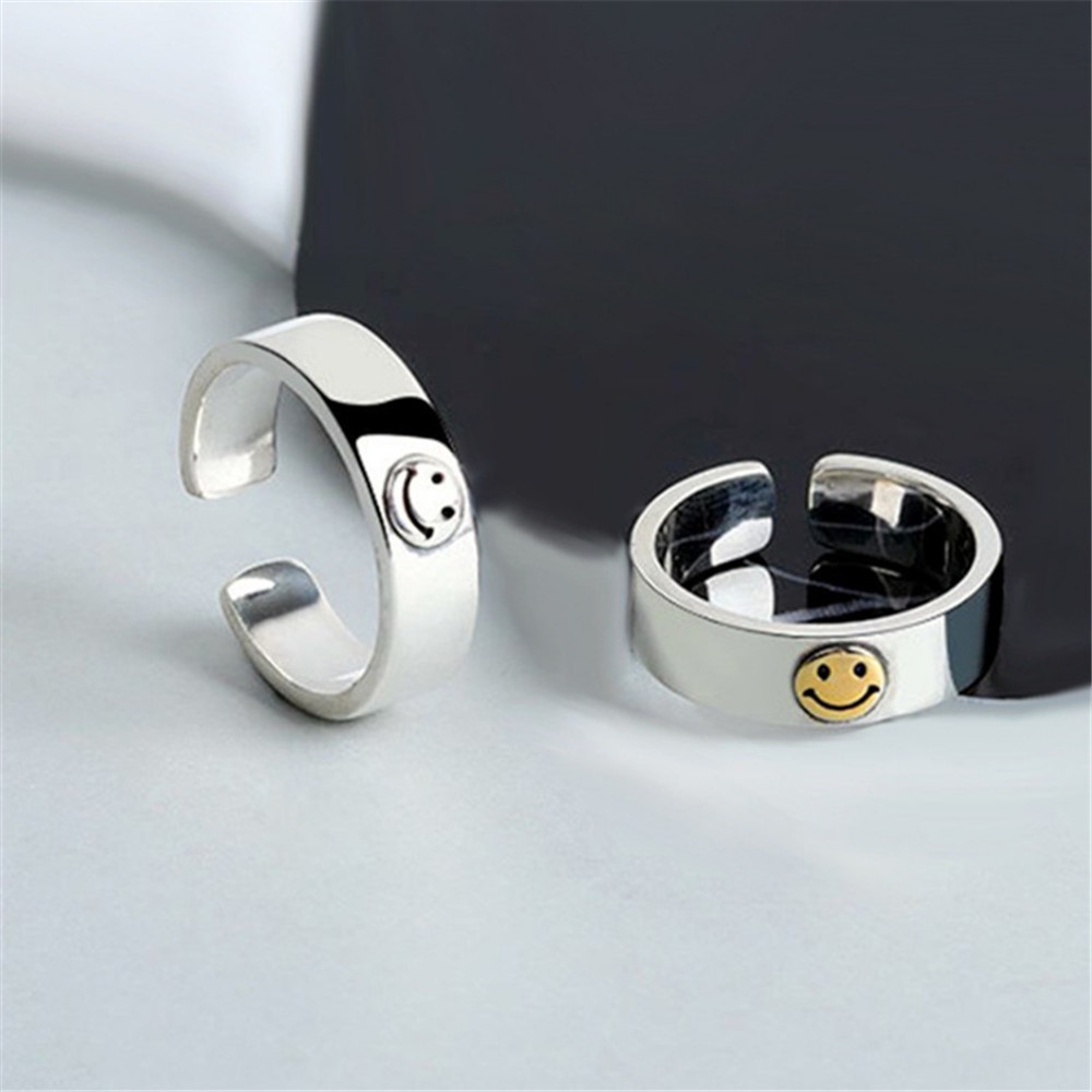 Fashion Golden Smiley Thai Silver Cincin Pasangan Ukuran Disesuaikan untuk Wanita dan Pria