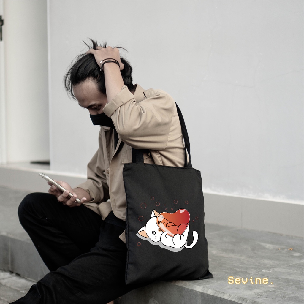 Sevine Tas Wanita Tote Bag Resleting Totebag Cute Cat Black Series - CSL5