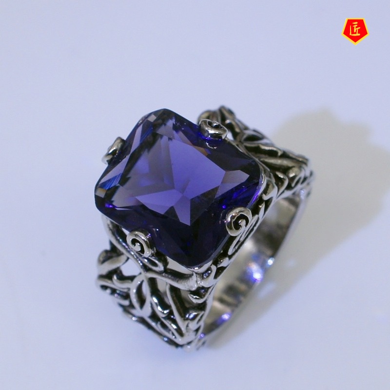 [Ready Stock]Hollow Flower Rhinestone Purple Crystal Silver Ring Elegant Retro