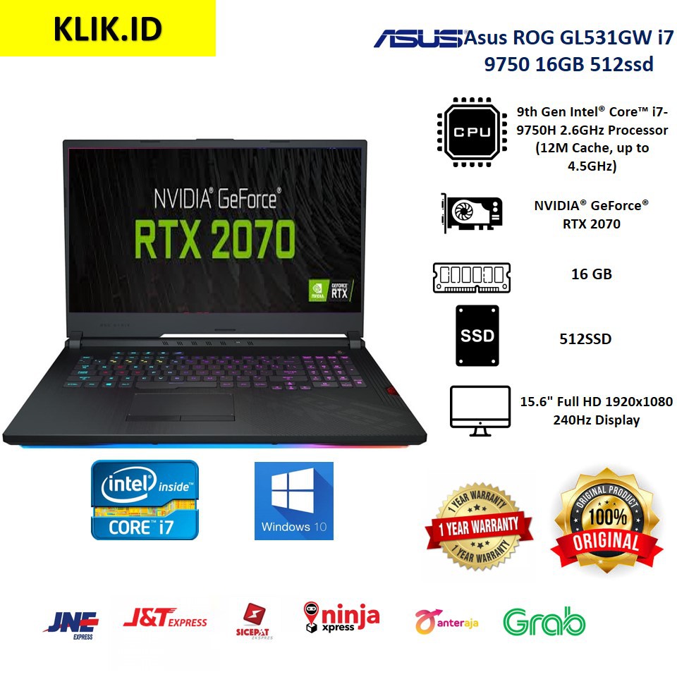 LAPTOP GAMING ASUS ROG GL531GW i7 9750 16GB 512ssd RTX2070 8GB W10 15.6FHD
