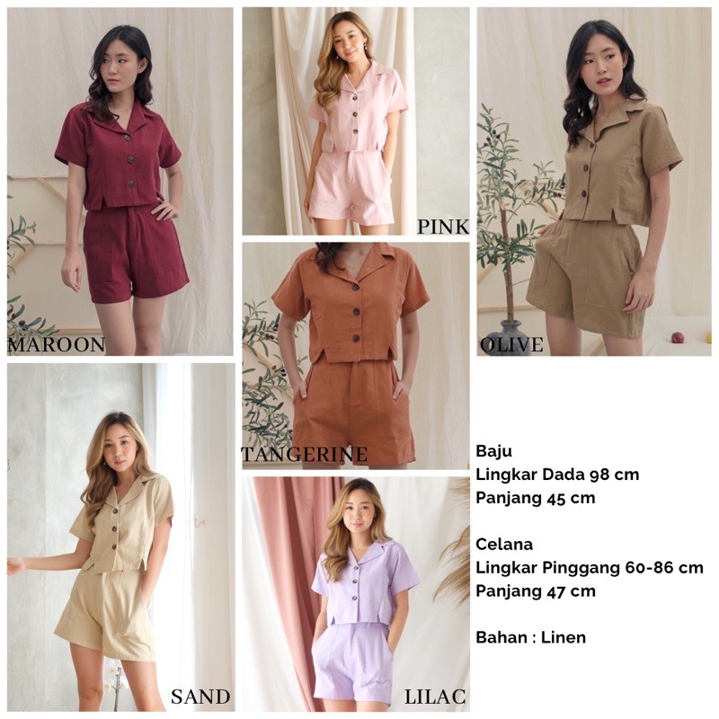 Set Setelan Polos Linen Baju Kerah Kancing Celana Pendek Imlek Chinese New Year Valentine