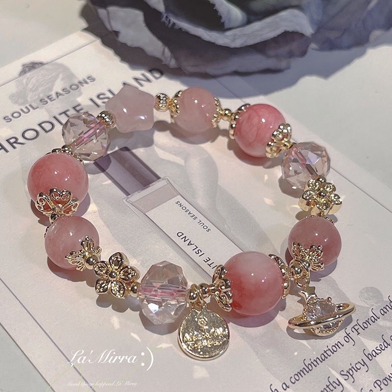 Gelang Manik-Manik Kristal Giok Hetian Alami Warna Pink Strawberry Untuk Wanita