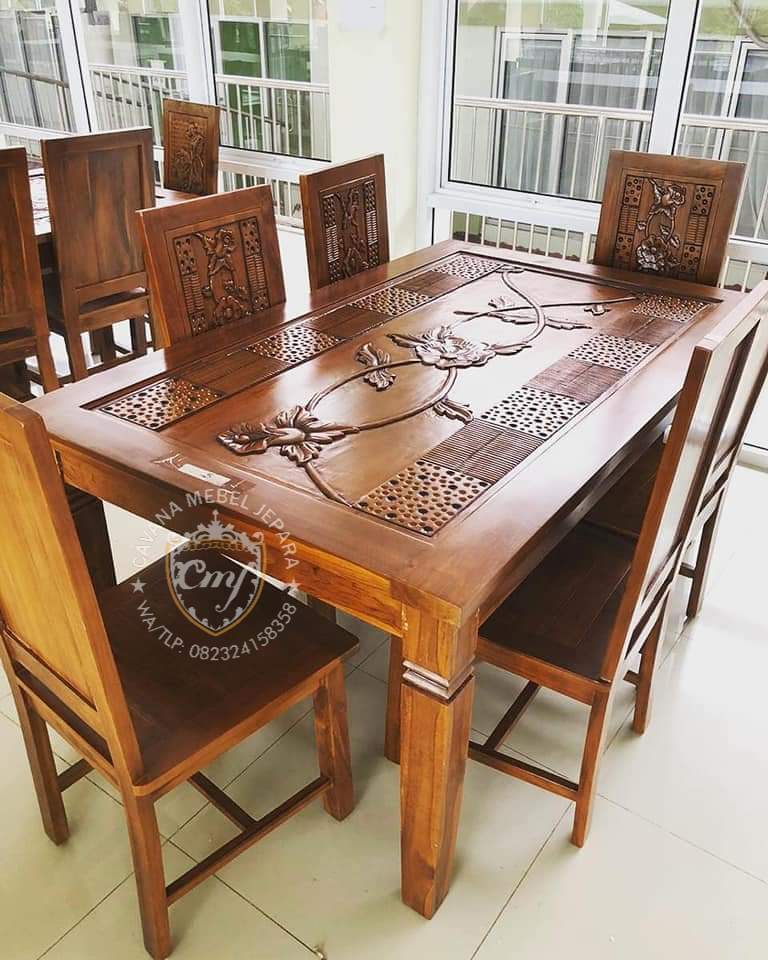 Meja makan kursi 6 + kaca meja jati