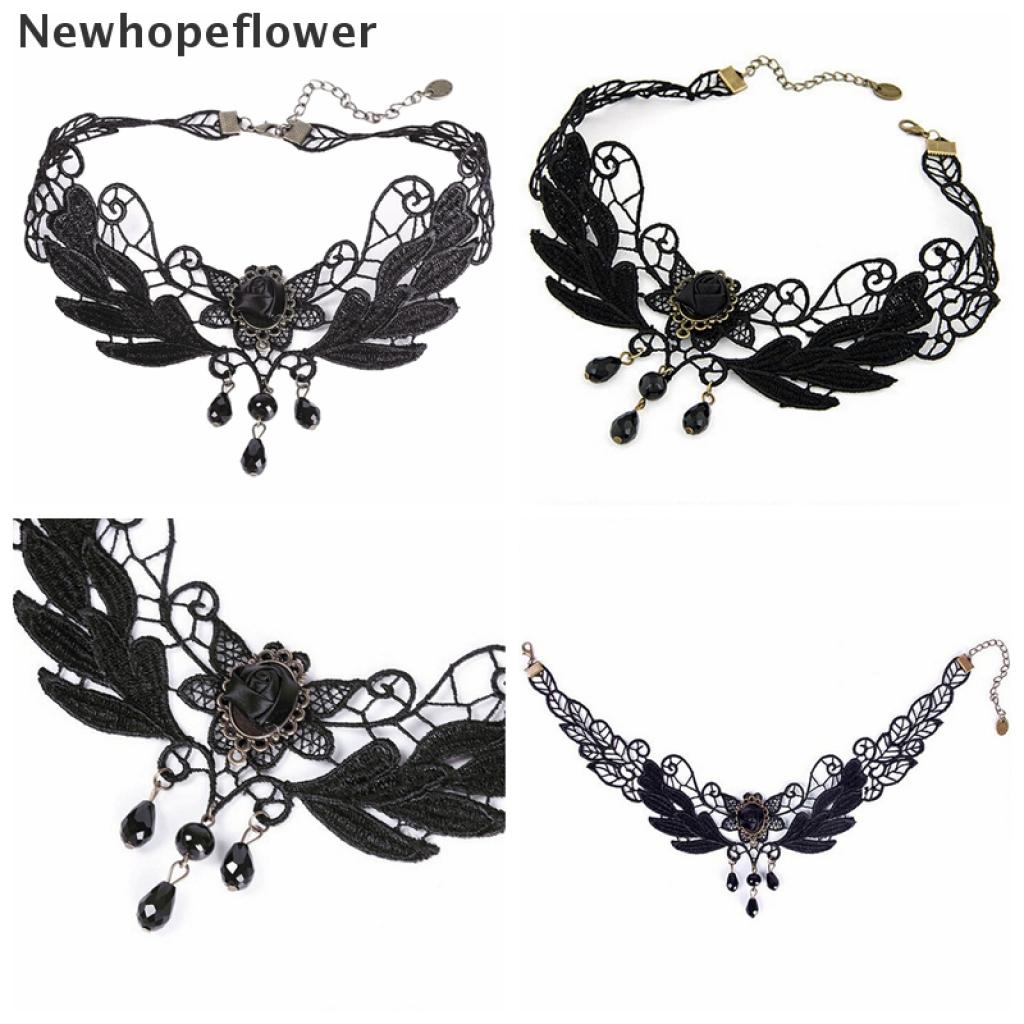 Women's Black Rose Teardrop Bead Pendant Lace Choker Lolita Collar Necklace TO