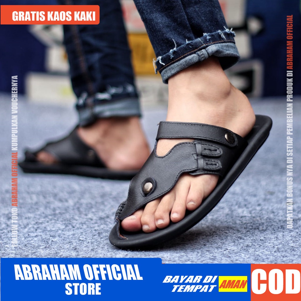 ABRHM LUCKY Sandal Slide Pria Sandal Selop Pria Kulit Asli Sandal Slop Cowok / Cowo Keren Kekinian