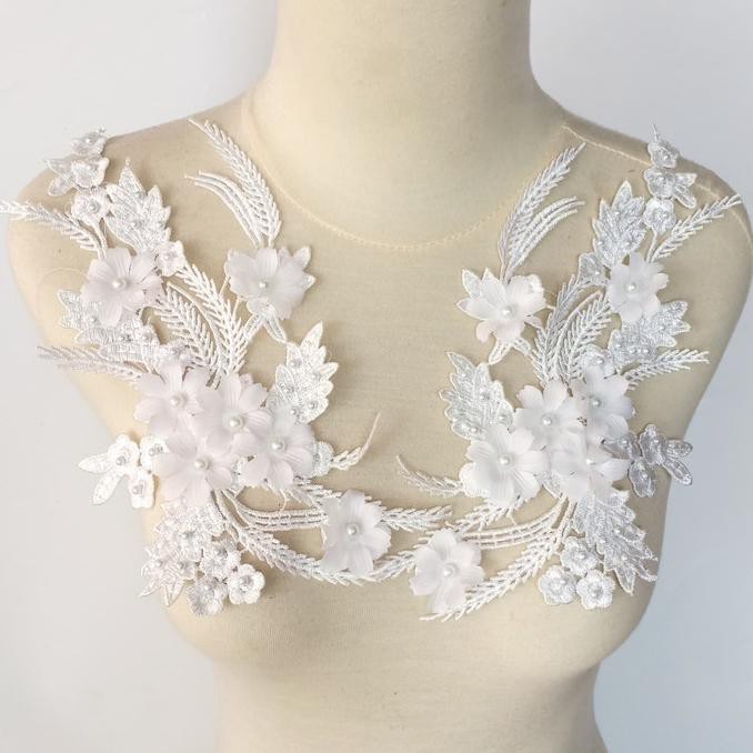 Kualitas Terbaik] Sepasang Bordir Bunga 3D Sb01/Bordir Tempel/Aplikasi Bordir - Putih