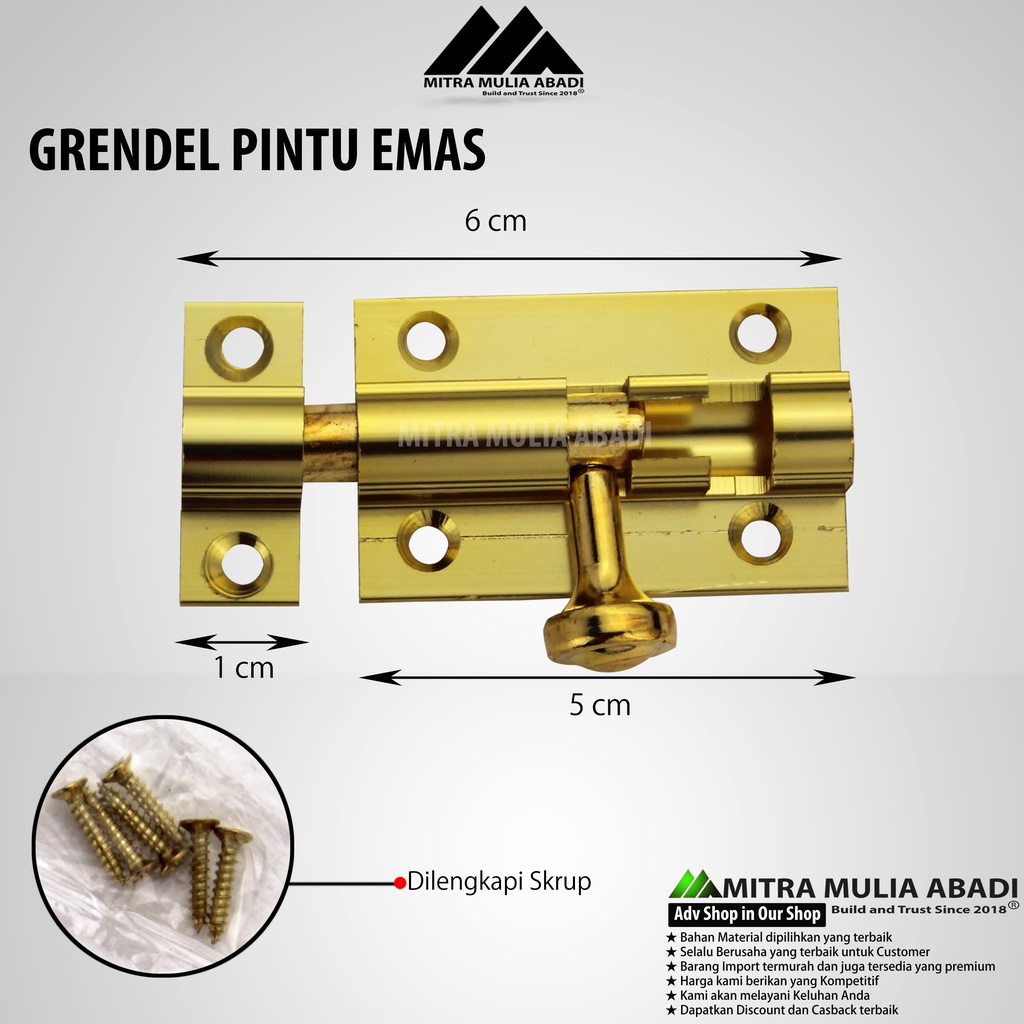 Slot Pintu Kuning/ Barrel Bolt- Jendela Plat Tebal Grendel 2&quot; Inci