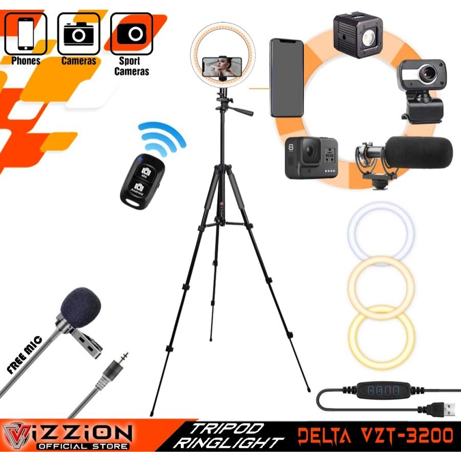 TRIPOD Camera SLR Ring Light Mic Remote Vizzion Delta VZT-3200