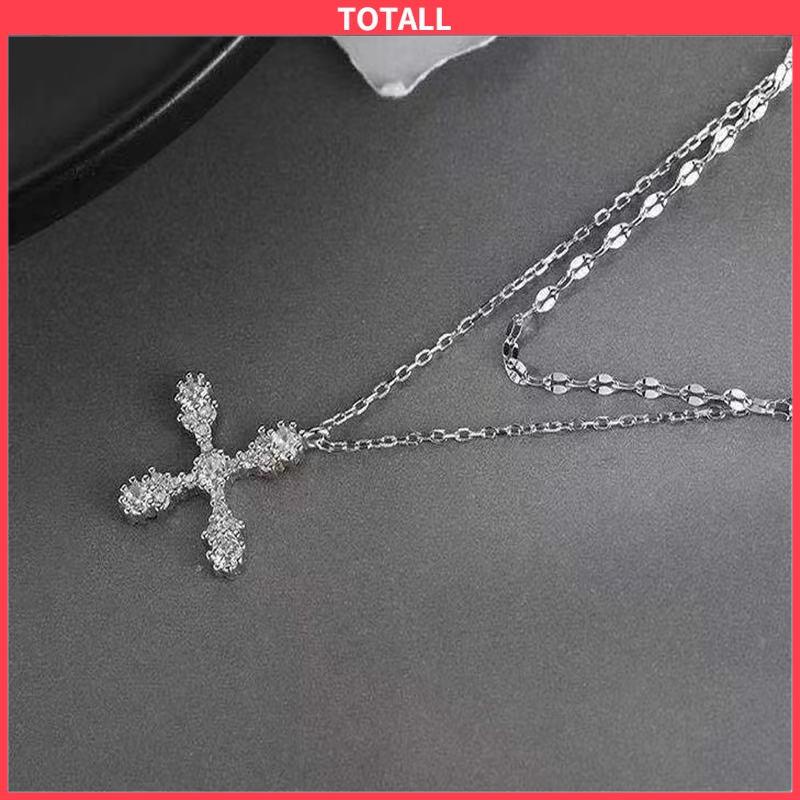 COD Hip Hop Cross Double Layer Necklace Feminin Fashion Micro Inlaid Zircon Pendant-Totall