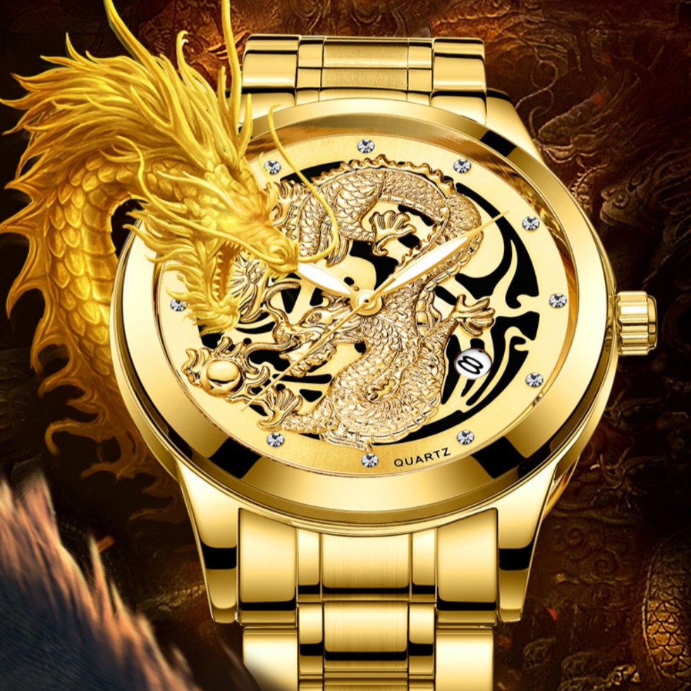 JAM TANGAN PRIA RANTAI FNGEEN ORIGINAL MOTIF DRAGON MURAH NAGA JAM006G1 IMPORT EMAS GOLD BRANDED ORI