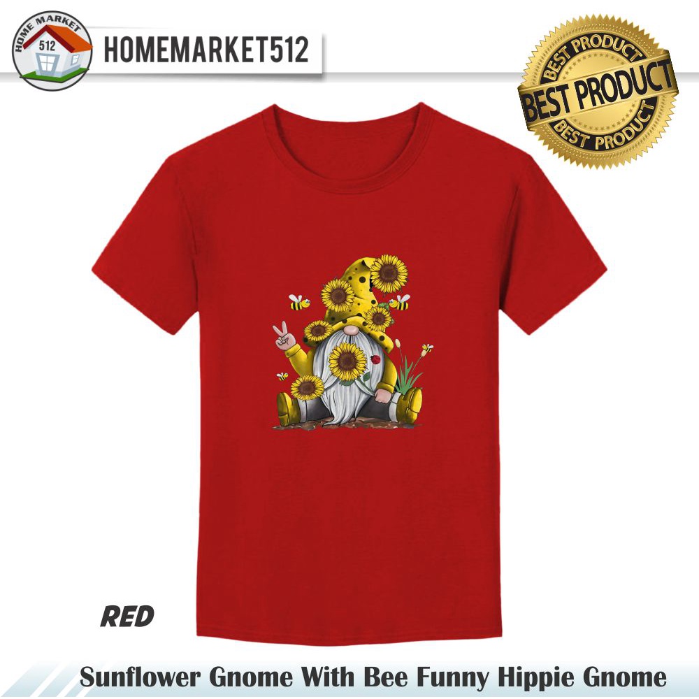 Kaos Pria Sunflower Gnome With Bee Funny Hippie Gnome Kaos Pria Dan Wanita Premium Sablon Anti Rontok !!!!!! | HOMEMARKET512-RED