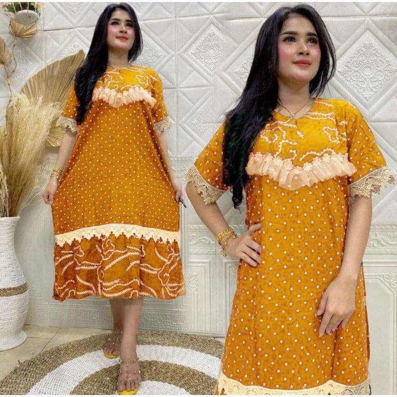 DASTER ARAB RENDA POLKA SHANUM LENGAN PENDEK RAYON PREMIUM BUSUI RESLETING DEPAN