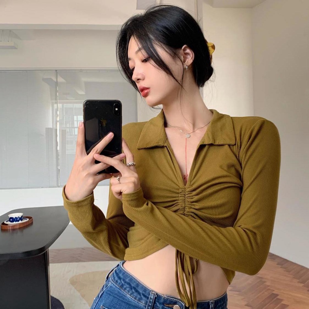 impor crop top pendek pinggang tinggi bottoming prancis v-neck serut sweater rajutan lengan panjang