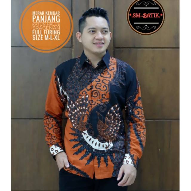 Kemeja Batik Lengan Panjang Warna Orange MERAK KEMBAR Lapis Furing