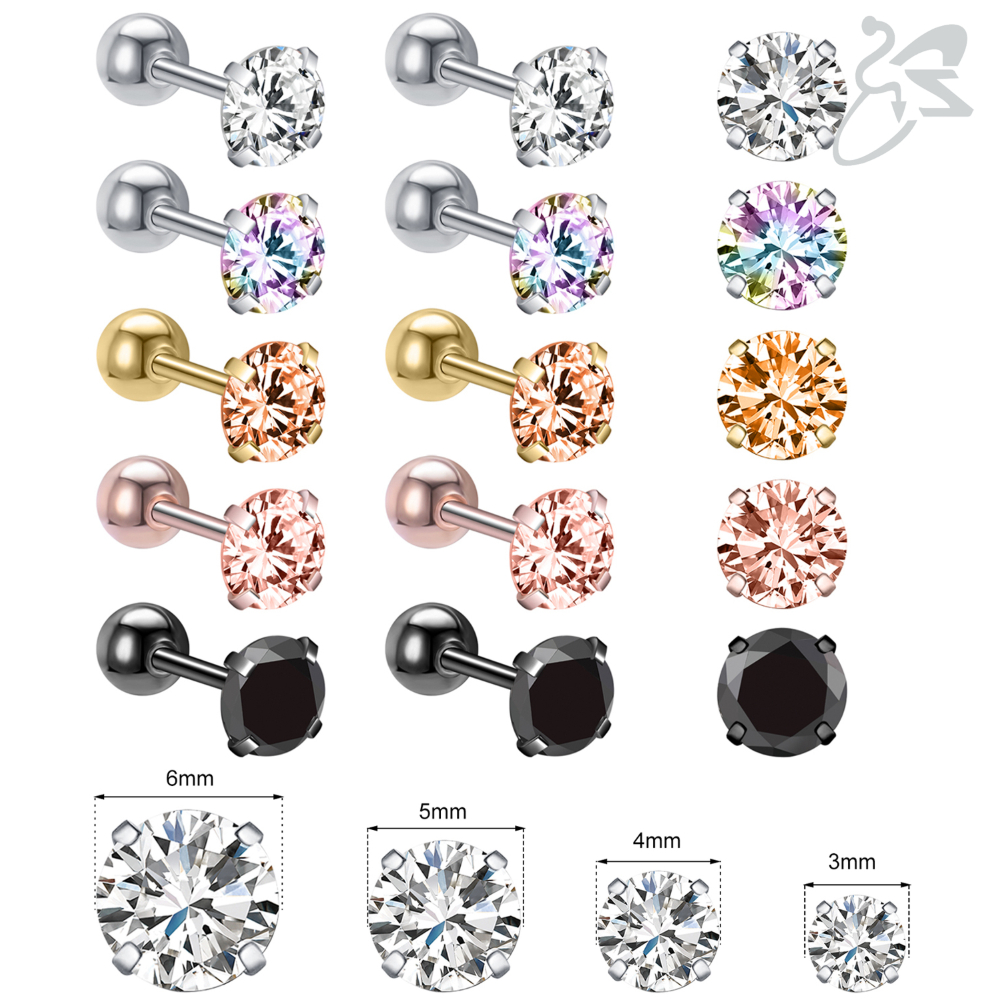 5 Pasang / Set Anting Stud Tindik Tulang Rawan Helix Kristal Cz Bentuk Bulat Bahan Stainless Steel 20g Warna Hitam Emas