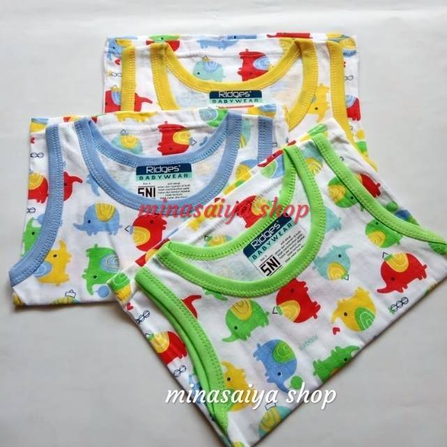 RIDGES 3 pcs Kaos Singlet Bayi SNI Lengan Buntung / Kutung Putih Motif Uk. S - XL