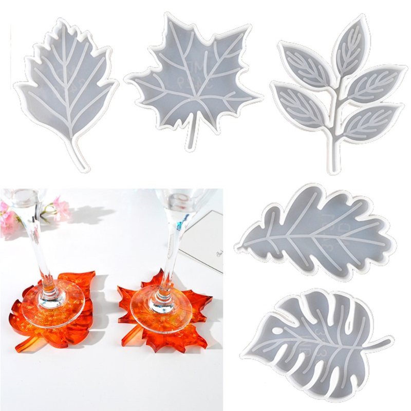 SIY  5Pcs Large Size Leaves Coaster Silicone Resin Mold Tropical Maple Leaf Resin Casting Mold Resin Concrete Mold Art Crafts