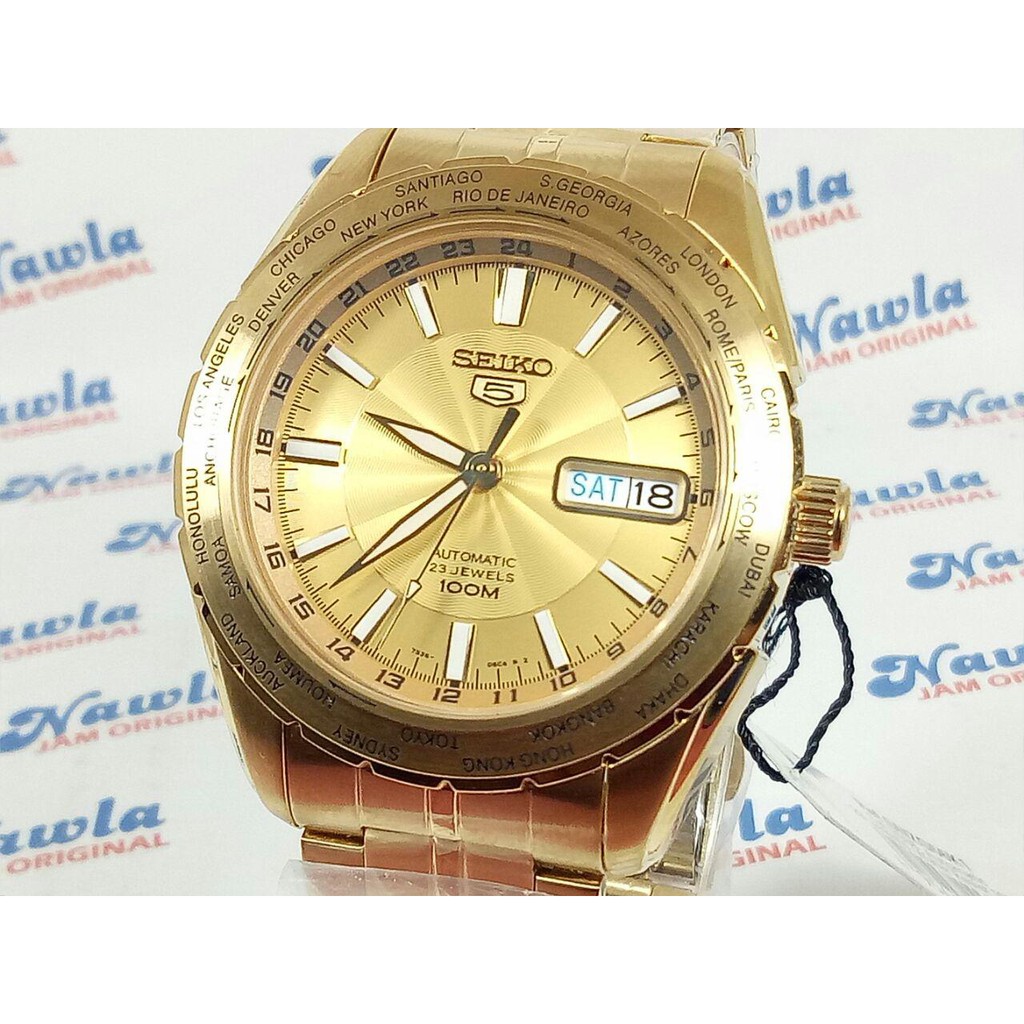 Seiko 5 Sports SNZG56K1 Gold IP World Time - Jam Tangan Pria SNZG56