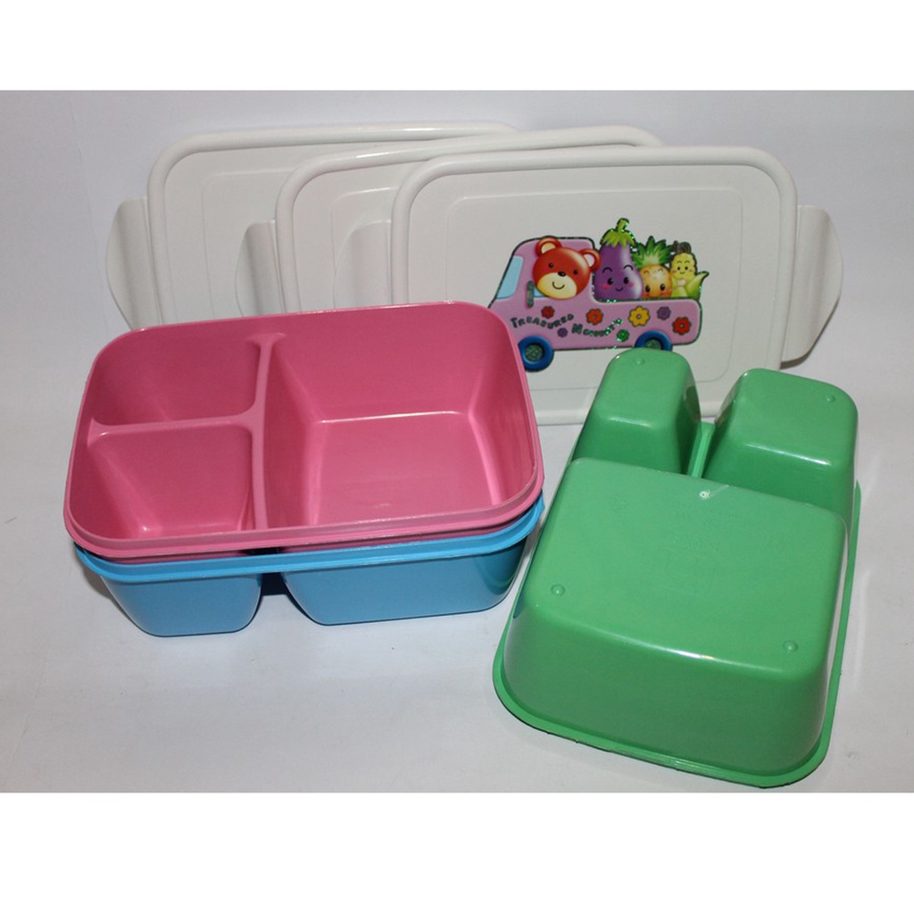 Set kotak makan lunch box set anak kotak bekal lucu lunchbag set waterproof lunchbox plastik sekat 3 anak