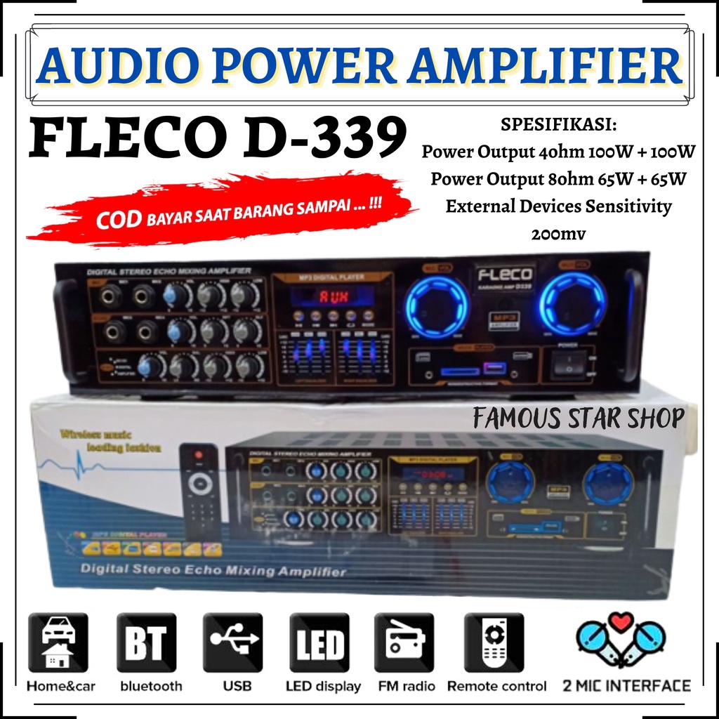 PROMO!!!~Audio Power Amplifier FLECO D-339 Bluetooth Stereo Karaoke + Mp3 player + FM Radio | Ampli Bluetooth FLECO D339 Ampli Penguat Suara | FMS