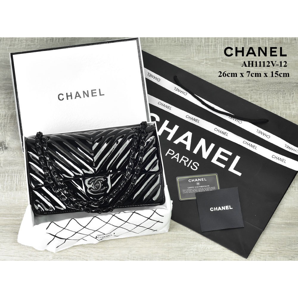 BK Grosir Tas CH Chevron So Black Medium Patent Semi Premium AH1112V-12