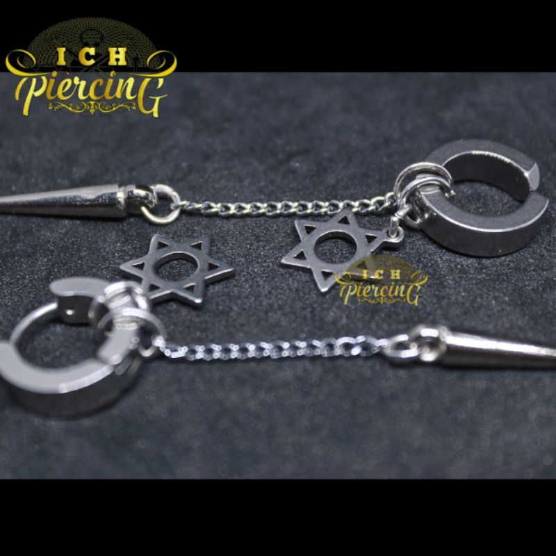 VIRAL Anting Bintang Hexagram Rantai Tmbak Titanium steel / Anting Pria Wanita Gantungan Piercing Xuping / anting tindik Korea / anting jepit Korea / anting jepit pria / ICH PIERCING