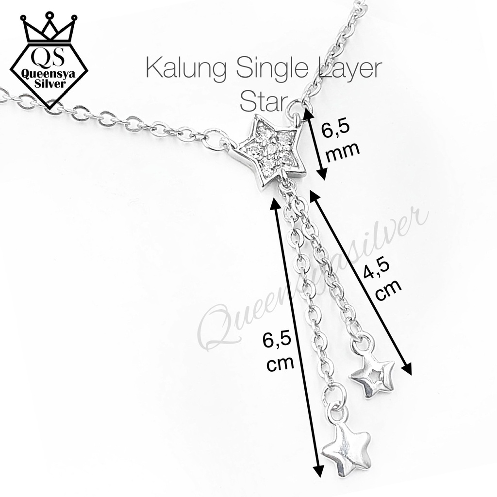 Kalung Perak Single Layer STAR Asli Silver 925 || Model DOUBLE STAR || Lapis Emas Putih || Queensya Silver