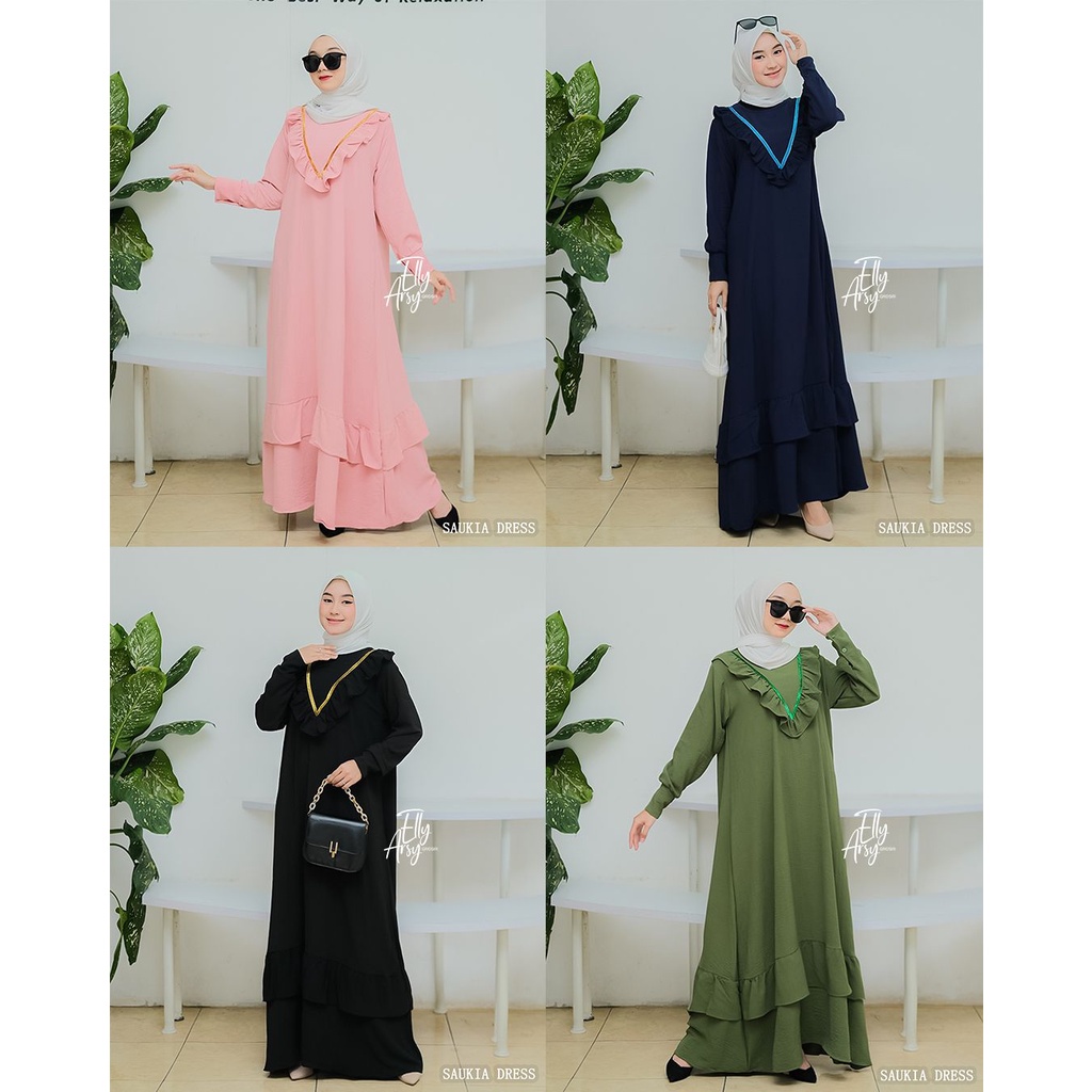 DRESS SAUKIA CRINGKEL by elyarsy original dress syari baju lebaran terbaru muslim busana muslimah wanita modern busui bumil